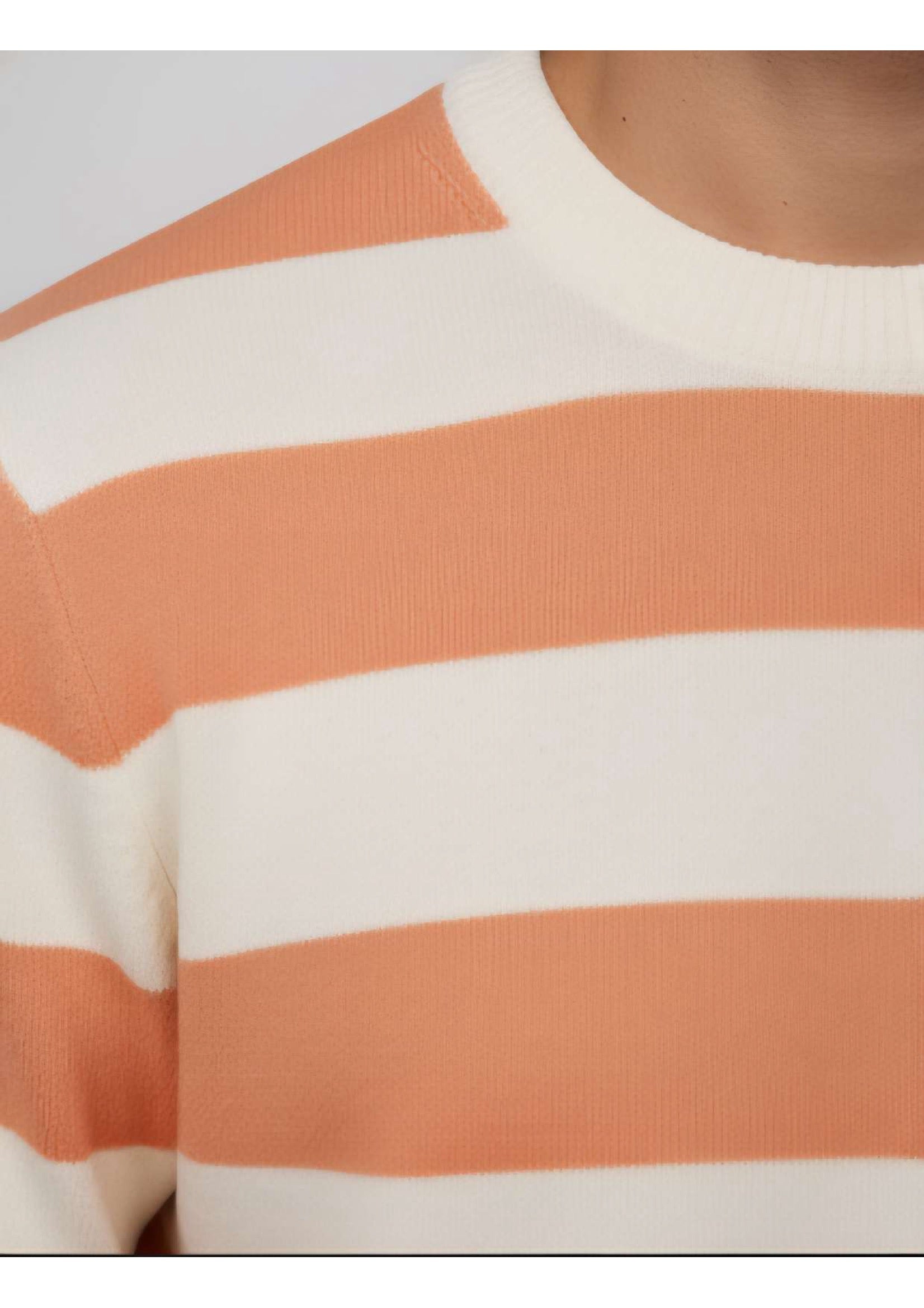 Men's Peach & Cream Bold Stripe Crew Neck Knit Sweater – Metal Badge Logo | Smart Casual Knitwear