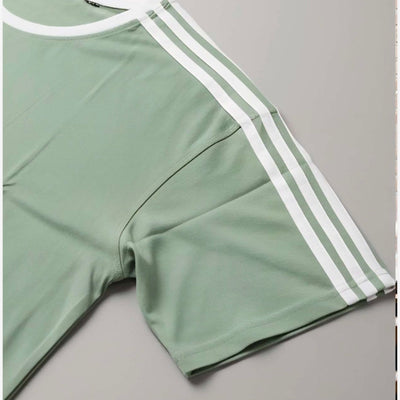 Men's Sage Green Retro Double Stripe T-Shirt – White Crew Neck | Smart Casual Tee