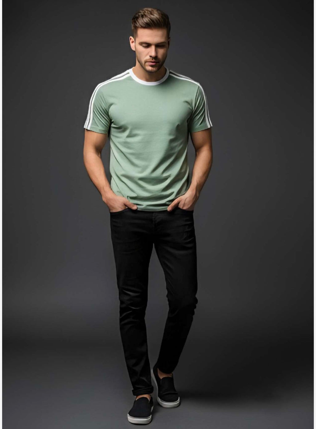 Men’s Half Sleeve Cotton Green T‑Shirt with Shoulder Stripes – Breathable Casual Wear