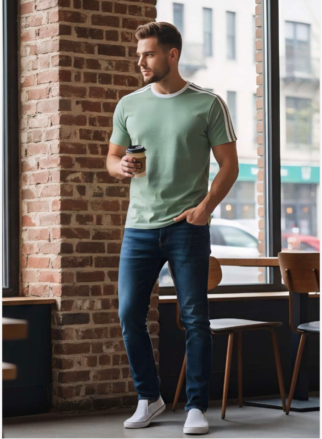 Men’s Half Sleeve Cotton Green T‑Shirt with Shoulder Stripes – Breathable Casual Wear
