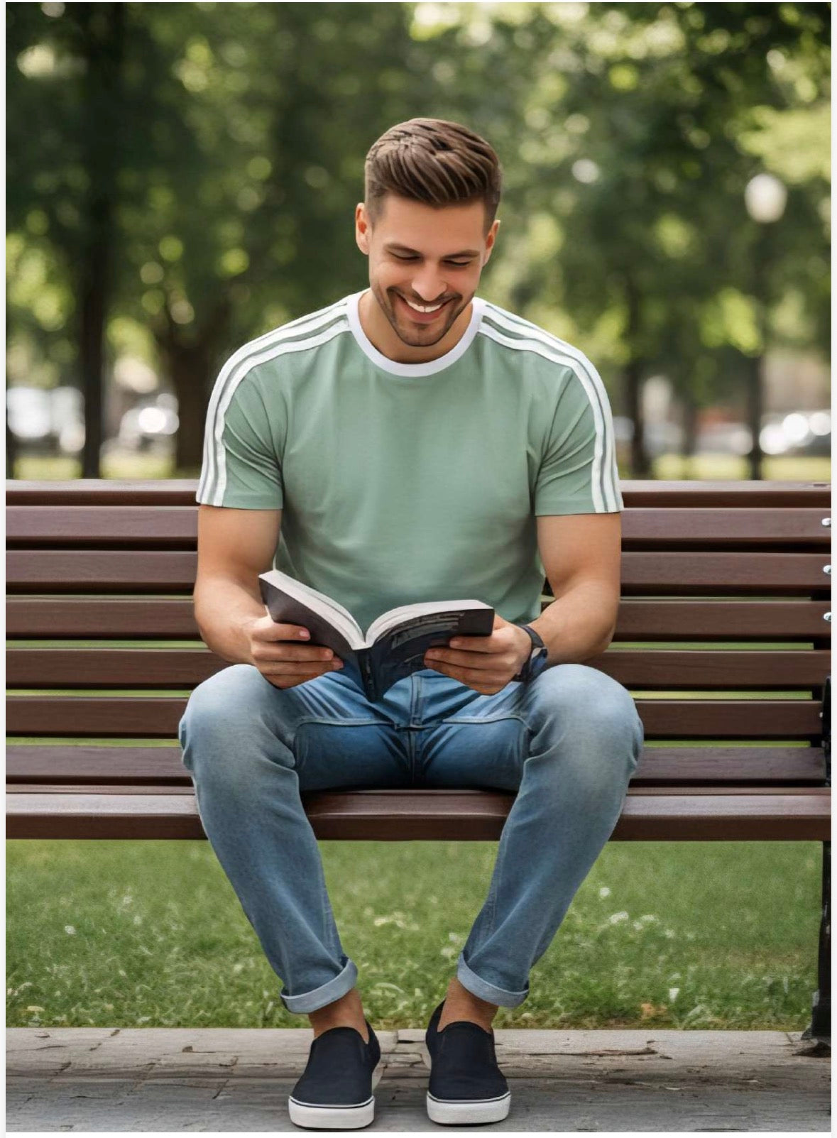 Men's Sage Green Retro Double Stripe T-Shirt – White Crew Neck | Smart Casual Tee