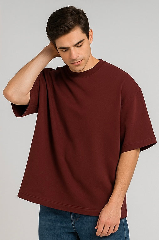 ZONERO Maroon Oversized Essential Tee – Premium Cotton Crew Neck T-Shirt for Men