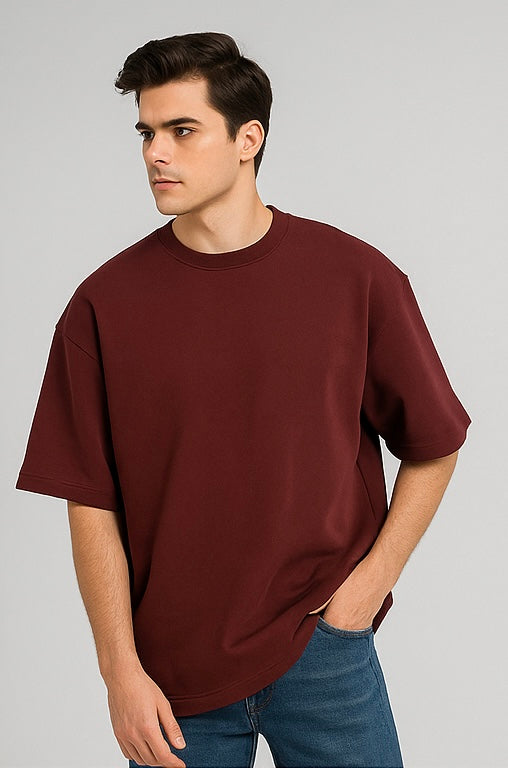 ZONERO Maroon Oversized Essential Tee – Premium Cotton Crew Neck T-Shirt for Men