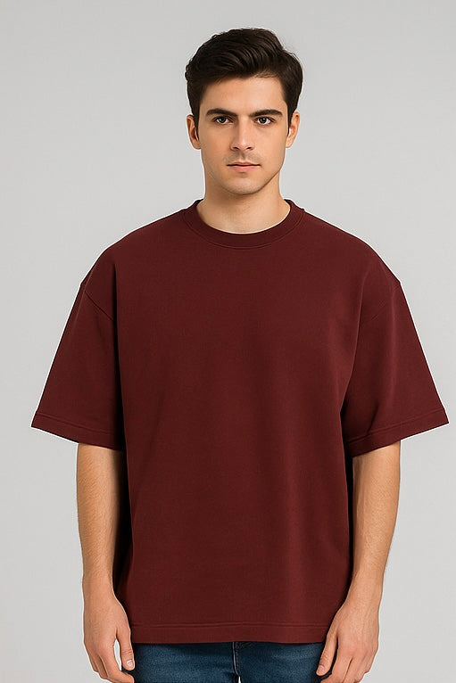 ZONERO Maroon Oversized Essential Tee – Premium Cotton Crew Neck T-Shirt for Men