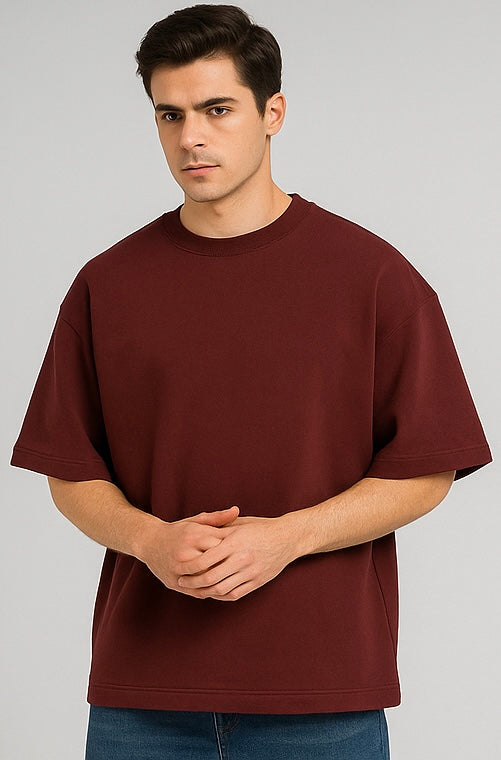ZONERO Maroon Oversized Essential Tee – Premium Cotton Crew Neck T-Shirt for Men