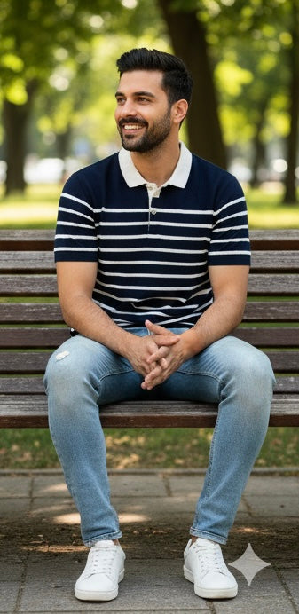 ZONERO Navy Striped Polo T-Shirt for Men | Premium Cotton Casual Wear