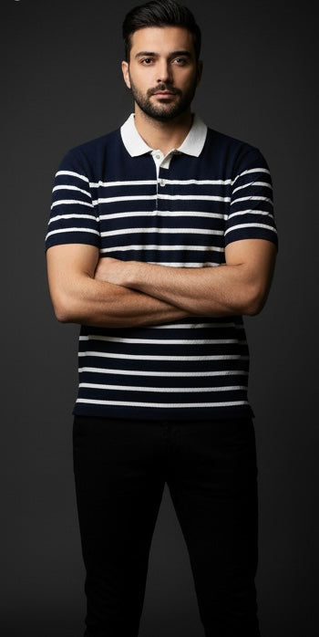 ZONERO Navy Striped Polo T-Shirt for Men | Premium Cotton Casual Wear