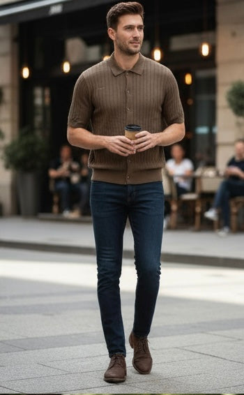 ZONERO Olive Ribbed Knit Polo – Premium Textured Knit Polo Shirt for Men