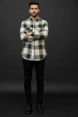 ZONERO Green Plaid Flannel Shirt for Men | Premium Checked Casual Overshirt