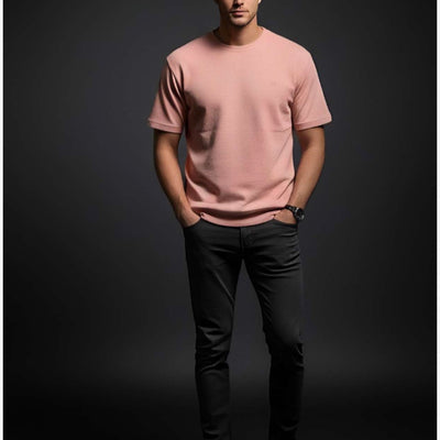 ZONERO Blush Pink Waffle-Knit T-Shirt for Men | Premium Textured Casual Tee