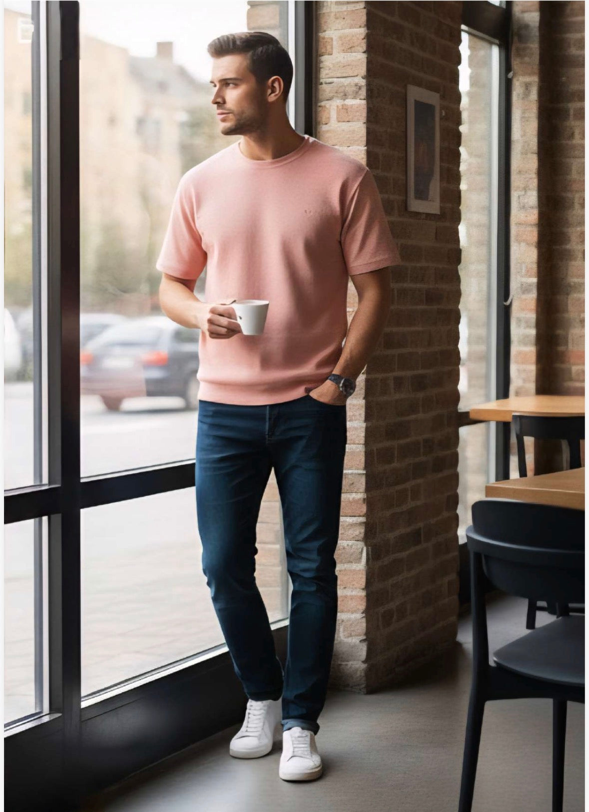 ZONERO Blush Pink Waffle-Knit T-Shirt for Men | Premium Textured Casual Tee