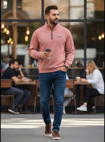 ZONERO Pink Fleece Zipper Polo Sweatshirt – Full Sleeves