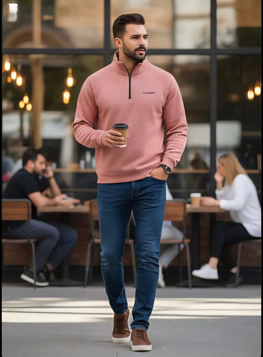 ZONERO Pink Fleece Zipper Polo Sweatshirt – Full Sleeves - ZONERO