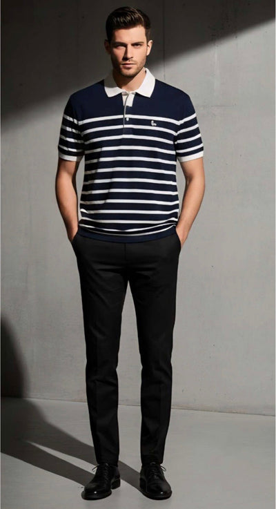 ZONERO Premium Blue Polo T-Shirt – Half Sleeves with White Stripes & White Collar