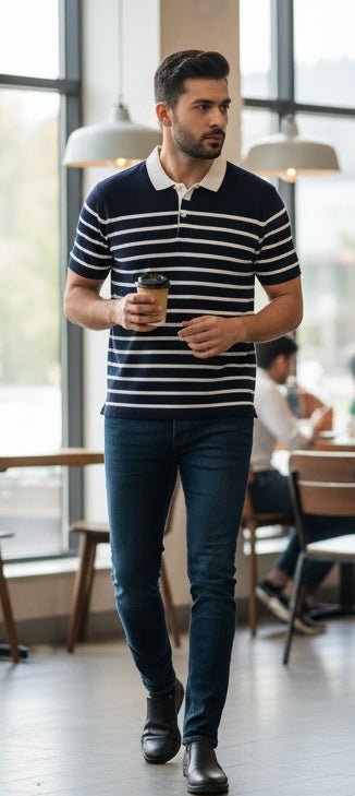 ZONERO Premium Blue Polo T-Shirt – Half Sleeves with White Stripes & White Collar - ZONERO