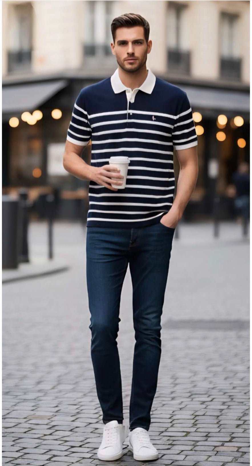 ZONERO Premium Blue Polo T-Shirt – Half Sleeves with White Stripes & White Collar - ZONERO