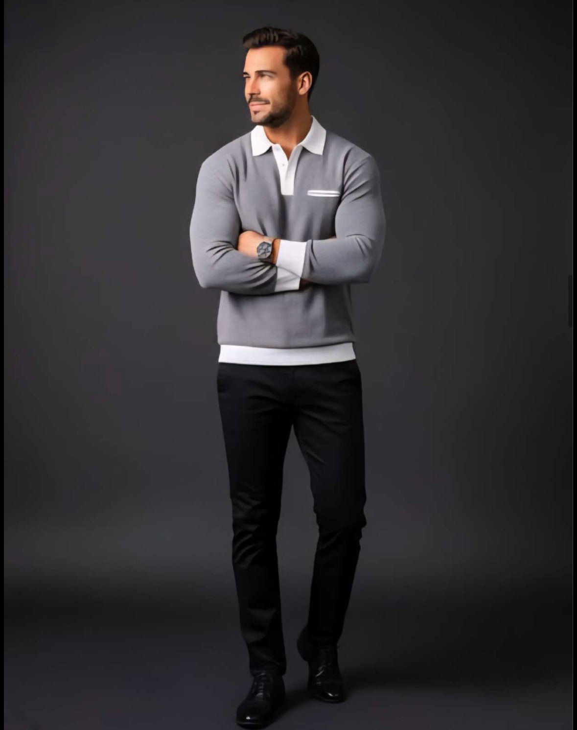 ZONERO Premium Grey Polo Sweatshirt – Full Sleeves with White Collar & Cuffs - ZONERO