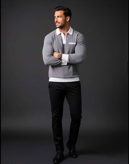 ZONERO Premium Grey Polo Sweatshirt – Full Sleeves with White Collar & Cuffs - ZONERO