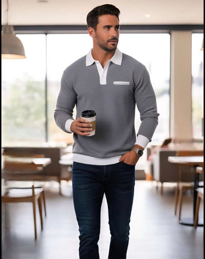 ZONERO Premium Grey Polo Sweatshirt – Full Sleeves with White Collar & Cuffs
