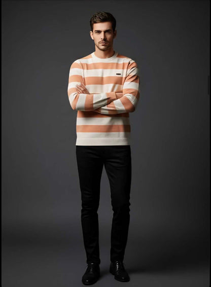 ZONERO Premium White & Pink Striped Woolen Sweater - ZONERO