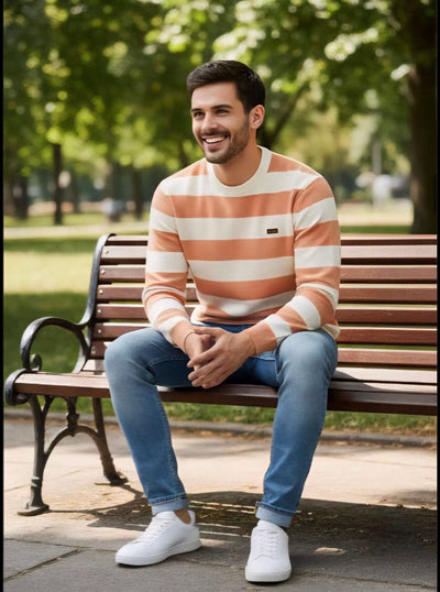 ZONERO Premium White & Pink Striped Woolen Sweater