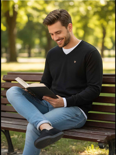 Zonero V-Neck Full Sleeves Sweater for Men | Plain Winter Pullover Black