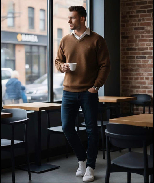 Zonero V - Neck Full Sleeves Sweater for Men | Plain Winter Pullover Brown - ZONERO