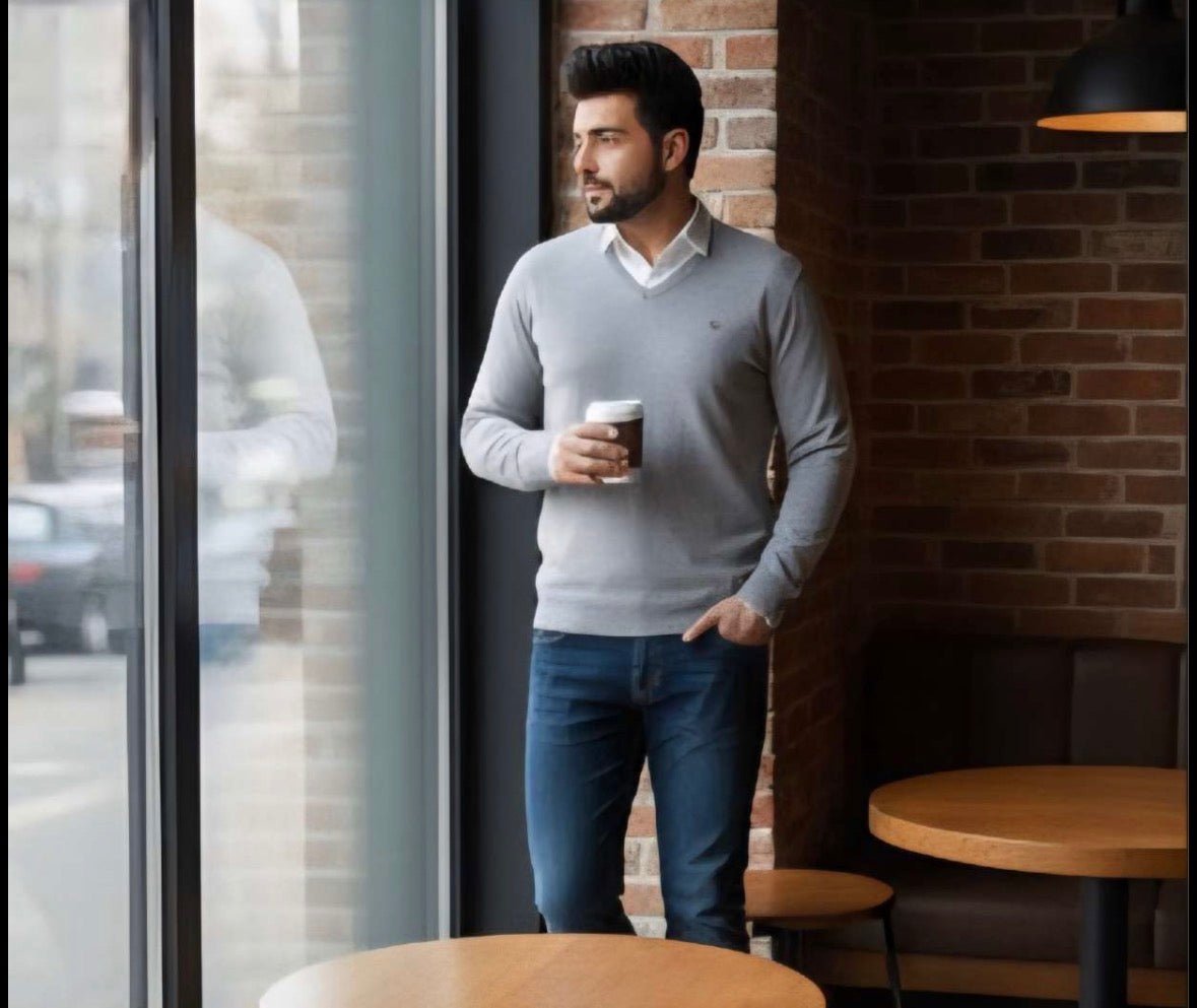 Zonero V - Neck Full Sleeves Sweater for Men | Plain Winter Pullover Gray - ZONERO