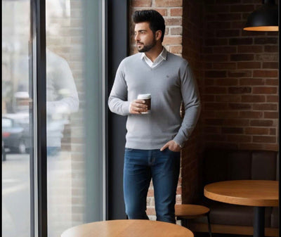 Zonero V-Neck Full Sleeves Sweater for Men | Plain Winter Pullover Gray