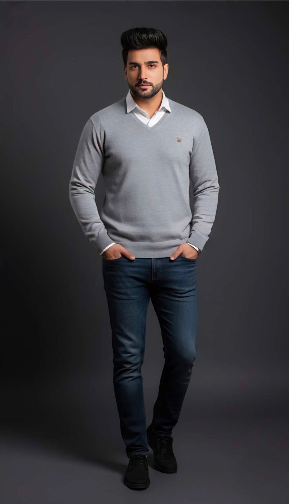 Zonero V - Neck Full Sleeves Sweater for Men | Plain Winter Pullover Gray - ZONERO